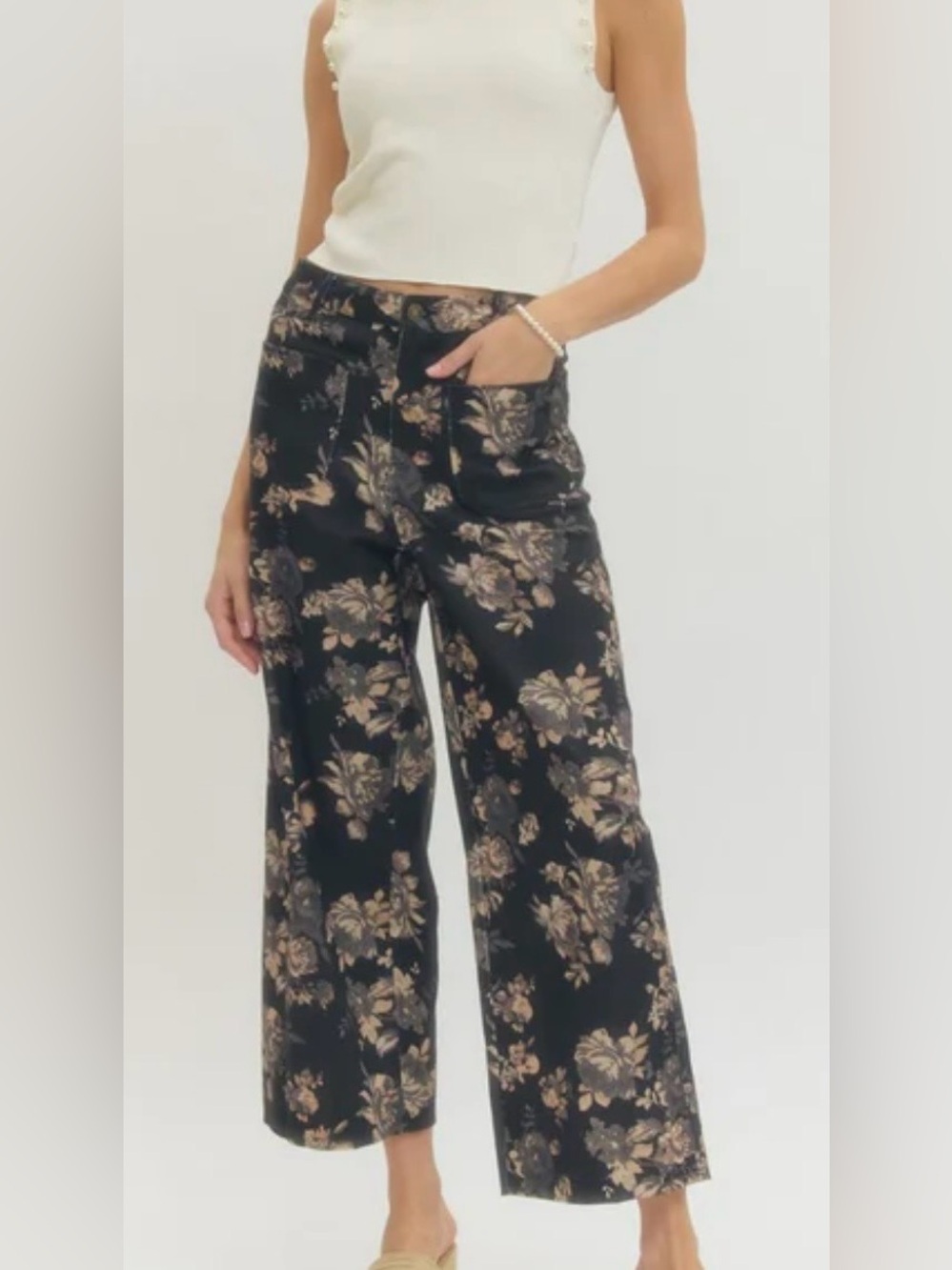entro wide leg black/khaki floral cotton pants, size XL